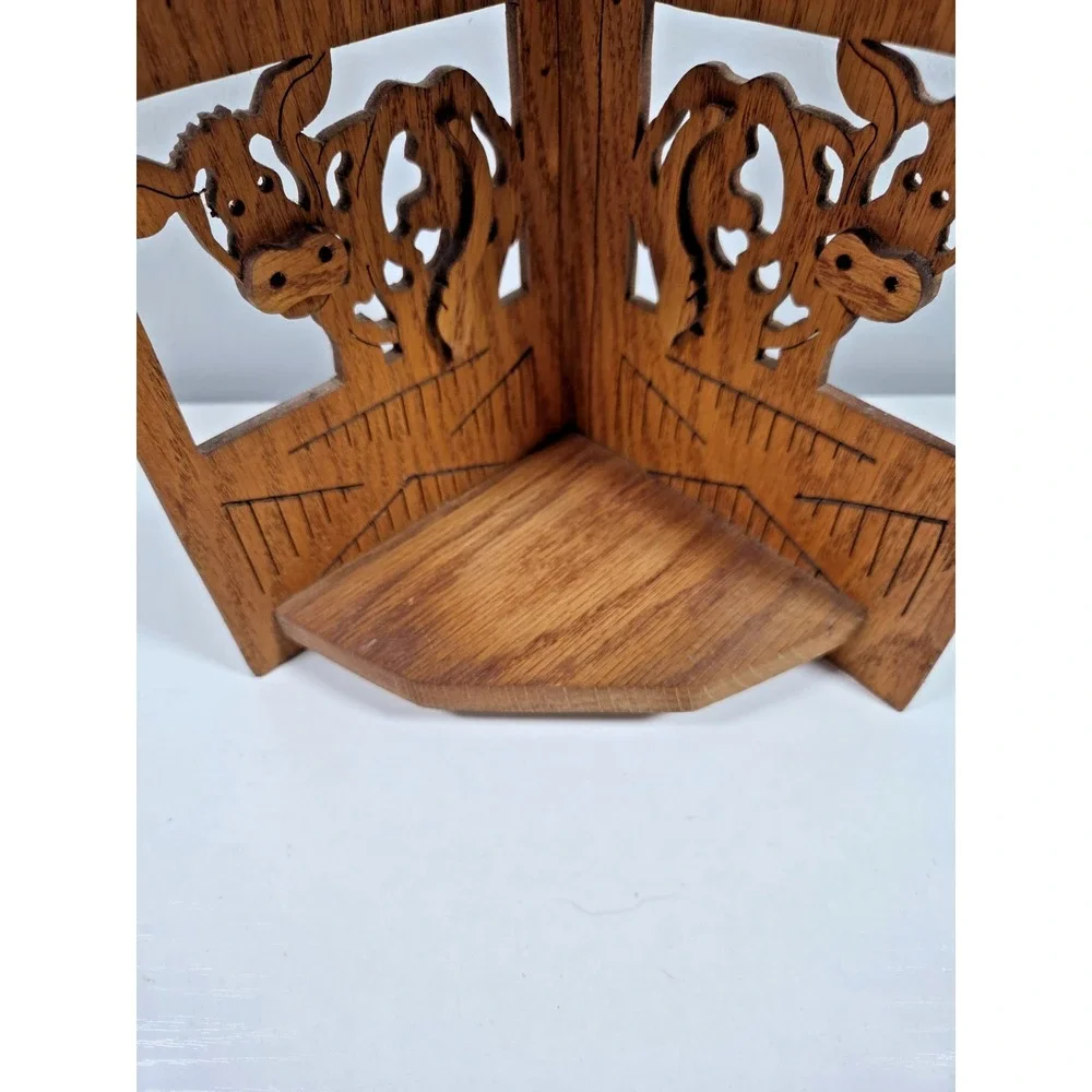 Vintage Hand Carved Wooden Small Barn Corner Shelf W/Decorative Cows Rustic